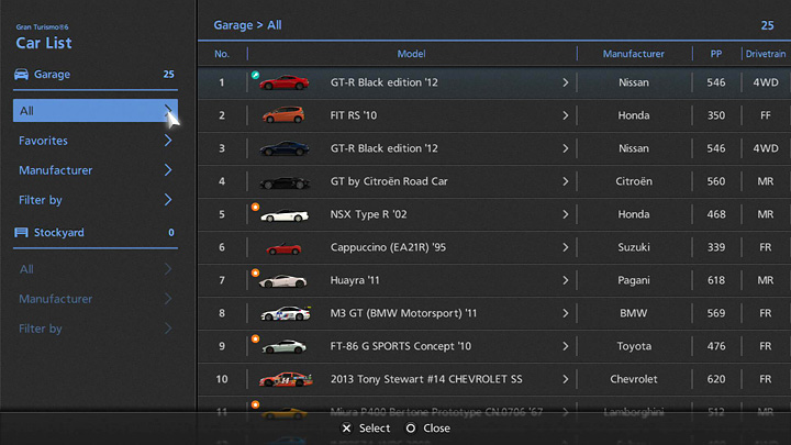 Car List - Managing Your Cars - Gran Turismo®6 Manual